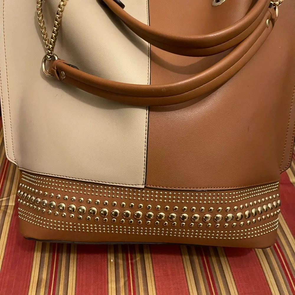 Two-Tone Cream and Tan Studded Tote Bag
